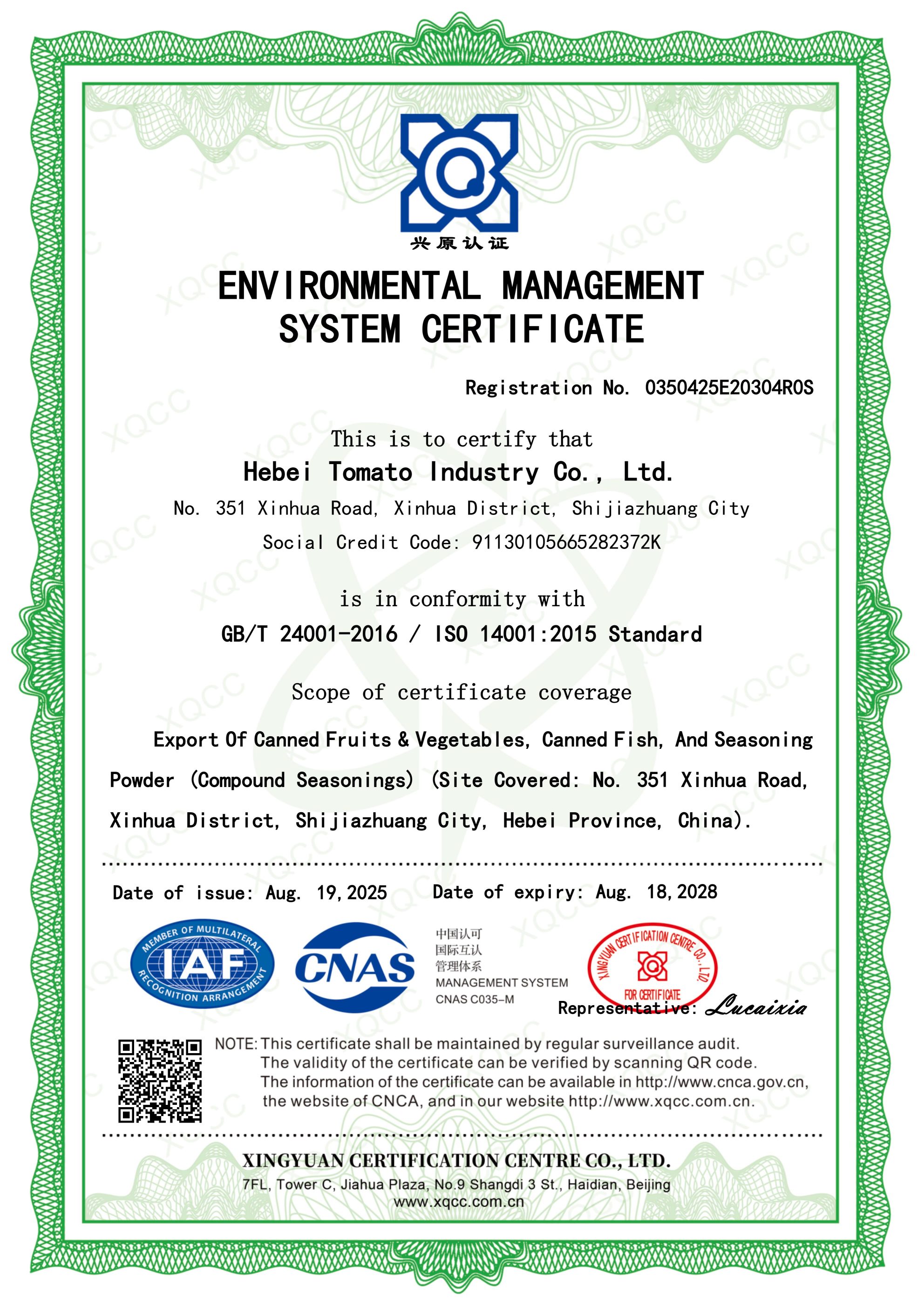 GBT24001-ENV I RONEMENTAL MANAGEMENT SYSTEM CER GBT24001-ENV I RONEMENTAL MANAGEMENT SYSTEM CER